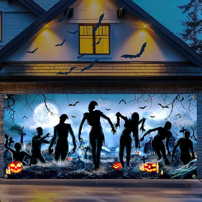 Panelee Halloween Garage Door Decoration 7x16ft Large Horror Backdrop Banner Horror Halloween Garage Door Cover with Bat Cemetery for Home Yard Scary Theme Party Outdoor Wall Decoration (Mummy)