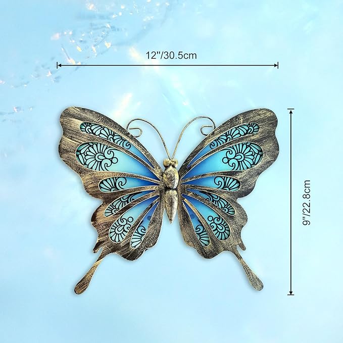 LIFFY Metal Butterfly Wall Decor,2Pack 12" Hanging Glass Butterfly Outdoor Decor,Garden Decorative Ornaments Outside for Home,Yard,Fence,Patio
