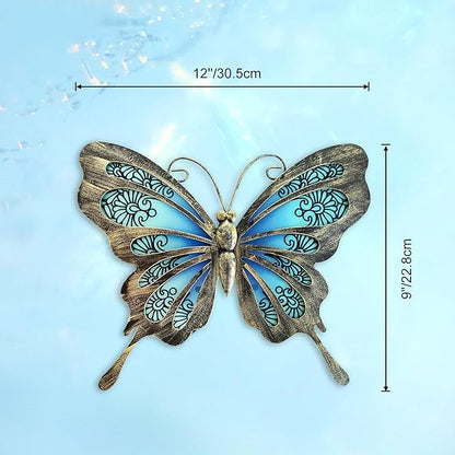 LIFFY Metal Butterfly Wall Decor,2Pack 12" Hanging Glass Butterfly Outdoor Decor,Garden Decorative Ornaments Outside for Home,Yard,Fence,Patio