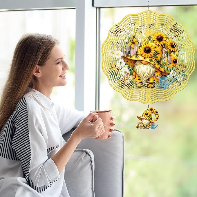 Gnomes Hanging Wind Spinner Outdoor - Gnome Gifts for Women, Stainless Steel Wind Sculpture Sunflower Art Ornaments with Card for Garden Balcony Patio Yard Lawn Decorations