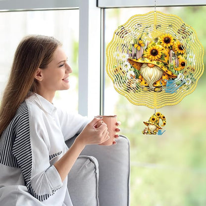 Gnomes Hanging Wind Spinner Outdoor - Gnome Gifts for Women, Stainless Steel Wind Sculpture Sunflower Art Ornaments with Card for Garden Balcony Patio Yard Lawn Decorations