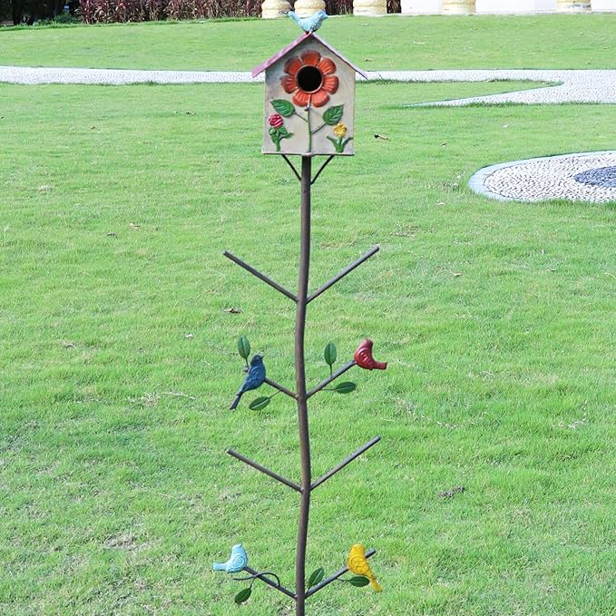 Multifunctional Metal Bird House Glass Bottle Tree Stake for Outdoor Colorful Garden Decorative Bottle Holder & Outdoor