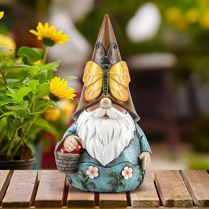 Outdoor Garden Gnome Statue, Butterfly Gnomes Decor Spring Butterfly Figurine, 7.3" Garden Gnomes Sculptures & Statues Outside Yard Lawn Patio Home Decoration, Nomes Gift