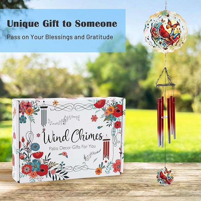 Cardinal Wind Chimes for Outside with 3D Butterfly Spinner, 28" Memorial Wind Chimes for Loss of Loved One, 6 Tuned Aluminum Tubes, Sympathy Gifts for Mom Grandma Garden Patio Decor