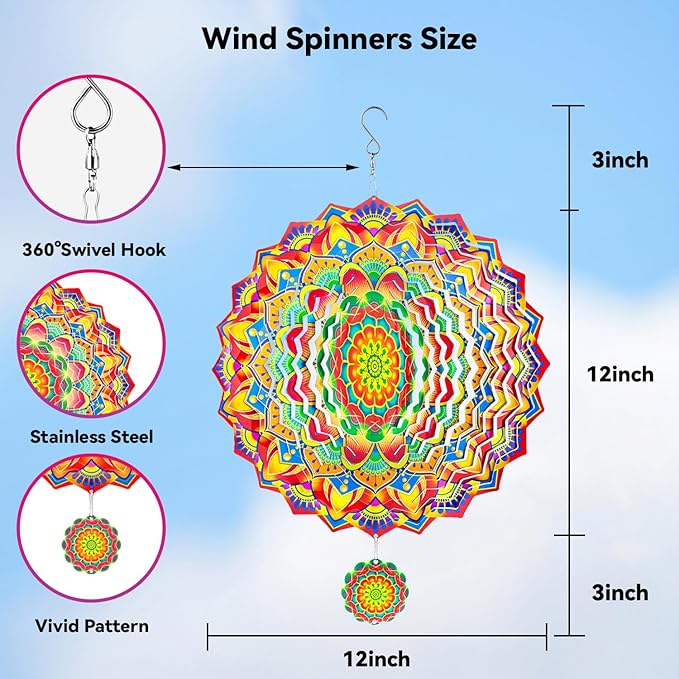 Wind Spinners,12 inch Multi Color Mandala with 360° Swivel Hook for Yard and Garden, Bird Wind Catcher, Metal Wind Spinners Outdoor for Lawn Hanging Crafts Decor Kinetic Yard Art Ornament Gifts