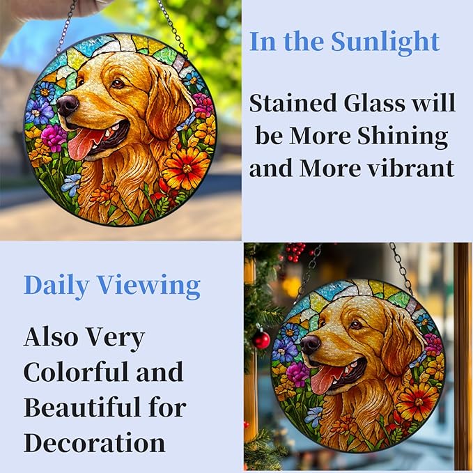 Stained Glass Suncatcher Golden Retriever Dog in Flowers Handmade Window Hangings Colored Glass Suncatcher Crafts Kits for Indoor Garden Christmas Decoration 16x16cm-1-2