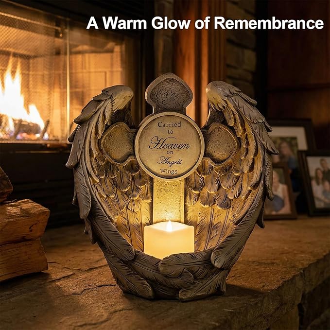 12" Angel Wings Memorial Statue with Cross & LED Candle, Bereavement Condolence Gift, Remembrance Garden Figurine Decor, Waterproof Garden Sculpture Sympathy Gifts for Women, Mom, Grandma, Lover