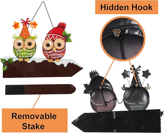 Bright Color Metal Owl Couple Garden Stake - Hanging Decor for Fence or Wall, Outdoor Yard Art with Message Board for Patio, Porch, Lawn for Couples Housewarming