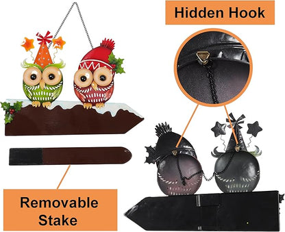 Bright Color Metal Owl Couple Garden Stake - Hanging Decor for Fence or Wall, Outdoor Yard Art with Message Board for Patio, Porch, Lawn for Couples Housewarming