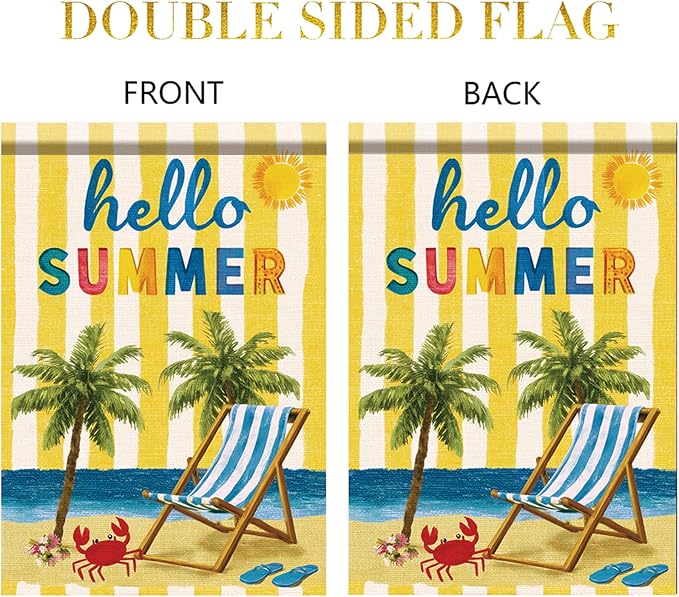 Hello Summer Garden Flag Beach Palm Tree Chair Coastal Outdoor Yard Porch Lawn Garden Decor for Tropical Seaside Patio Cottage Farmhouse Seasonal Summer Home Display