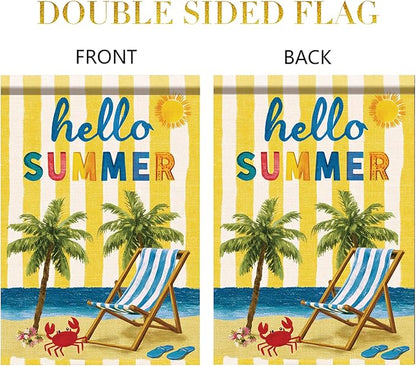 Hello Summer Garden Flag Beach Palm Tree Chair Coastal Outdoor Yard Porch Lawn Garden Decor for Tropical Seaside Patio Cottage Farmhouse Seasonal Summer Home Display