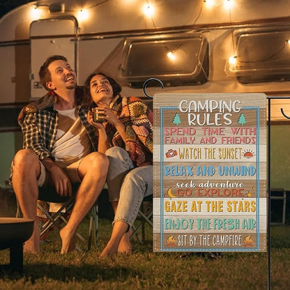 Dyrenson Camping Rules Decorative Garden Flag, Rustic Camper Outdoor Adventure Yard Home Decoration, Farmhouse Campsite Burlap Outside Small Decor Double Sided 12 x 18