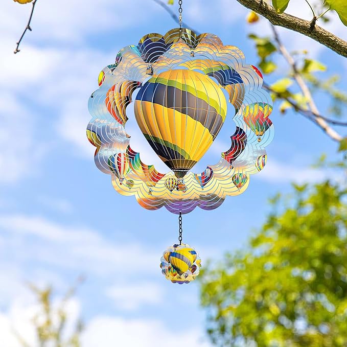 J-Fly Hanging Decor Outdoor,Outdoor Garden Decor，Wind Spinners Outdoor Colorful Hot Air Balloon Hanging Decor,Ornaments Kinetic Yard Art, Valentine Gifts for Women-Yellowish Gray Hot Air Balloon