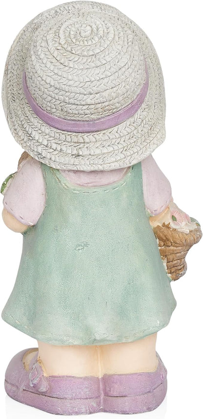 Alpine Corporation QWR1456 Indoor/Outdoor Little Girl with Flower Basket Garden Statue, Playful Child Statue for Yard, 15" H, Green