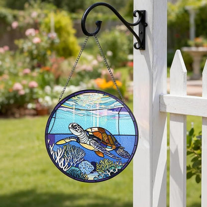 Stained Glass Window Hanging, Turtle Circular Painted Glass Suncatcher with Chain & Suction Cup for Home Garden Door Decor, Birthday for Women Men Mom 7.8 in