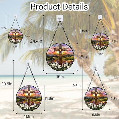 DASTOLL Christian Gifts for Women - Cross Stained Glass Window Hanging Easter Wildflower Sunset Scenery Sun Catcher Garden Religion Decor Mother's Day Catholic Gift for Men Grandma Nana Her 11.8"