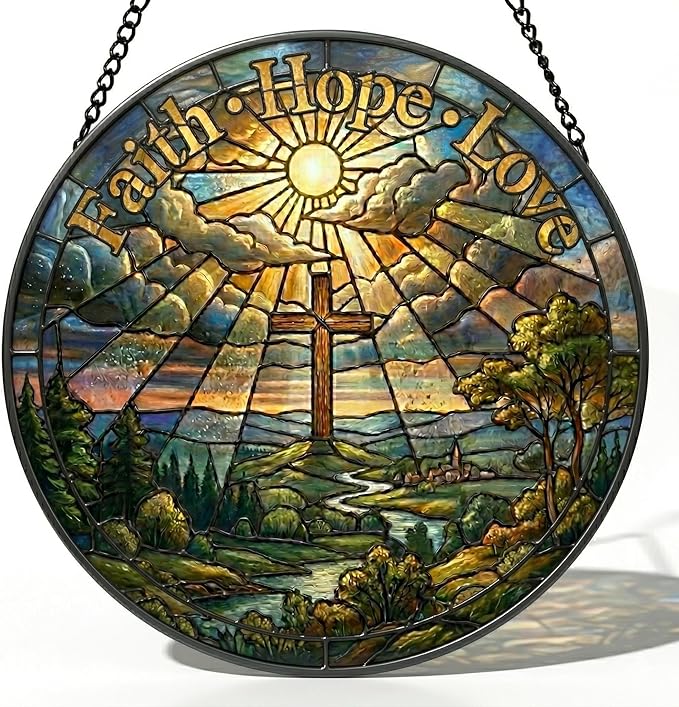 Christian Stained Glass Suncatcher, Faith Hope Love Cross Stained Glass Window Hanging, Sun Catchers Indoor Window Decor, Stained Glass Window Panel, Suncatchers for Windows Hanging Gift (6 Inch)
