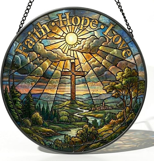 Christian Stained Glass Suncatcher, Faith Hope Love Cross Stained Glass Window Hanging, Sun Catchers Indoor Window Decor, Stained Glass Window Panel, Suncatchers for Windows Hanging Gift (6 Inch)