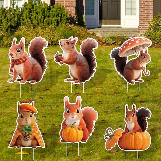 6Pcs Thanksgiving Yard Signs Stakes,The Nut Squirrel Pumpkin Fall Outdoor Decorations for Home Outdoor Yard Patio Lawn Decor, Garden Decorations