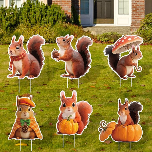 6Pcs Thanksgiving Yard Signs Stakes,The Nut Squirrel Pumpkin Fall Outdoor Decorations for Home Outdoor Yard Patio Lawn Decor, Garden Decorations