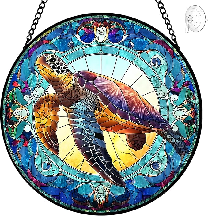 Sea Turtle Suncatcher Stained Glass Window Hanging - 8″ Handmade Suncatchers for Windows Christmas Decorations - Sea Glass Sun Catchers Wall Decor Glass Panel - Sea Turtle Gifts for Women Men Mom