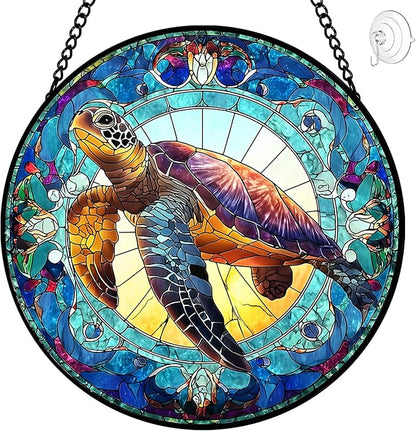 Sea Turtle Suncatcher Stained Glass Window Hanging - 8″ Handmade Suncatchers for Windows Christmas Decorations - Sea Glass Sun Catchers Wall Decor Glass Panel - Sea Turtle Gifts for Women Men Mom