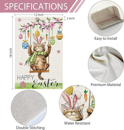 Heyfibro Happy Easter Cute Cat Garden Flag 12x18 Double Sided Burlap, Spring Summer Magnolia Flower Easter Egg Small Yard Banner for Seasonal Holiday Farmhouse Yard Outdoor Decor(ONLY FLAG)