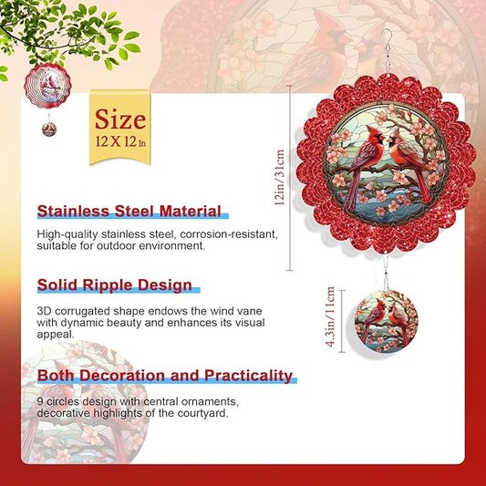 Rngmsi Red Cardinal Wind Spinner, 12 Inches 3D Stainless Steel Cardinal Garden Decor Yard Art, Cardinal Gifts for Women Outdoor Ornaments Outside Patio Decorations