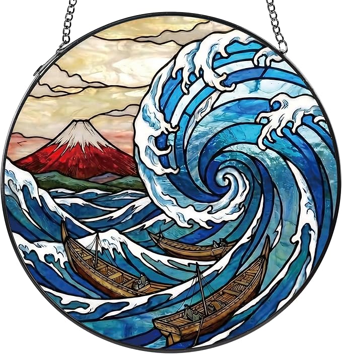 Stained Glass Window Hanging, 8" Round Mount & Great Wave Suncatcher with Metal Chain, Japanese Art Glass Decor for Home Garden, Gift for Mom, Friends, and Family