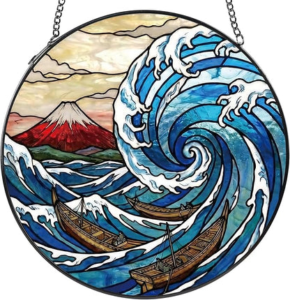 Stained Glass Window Hanging, 8" Round Mount & Great Wave Suncatcher with Metal Chain, Japanese Art Glass Decor for Home Garden, Gift for Mom, Friends, and Family