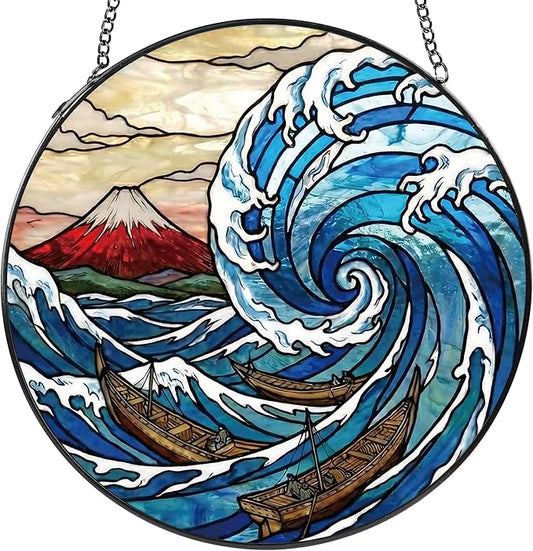 Stained Glass Window Hanging, 8" Round Mount & Great Wave Suncatcher with Metal Chain, Japanese Art Glass Decor for Home Garden, Gift for Mom, Friends, and Family