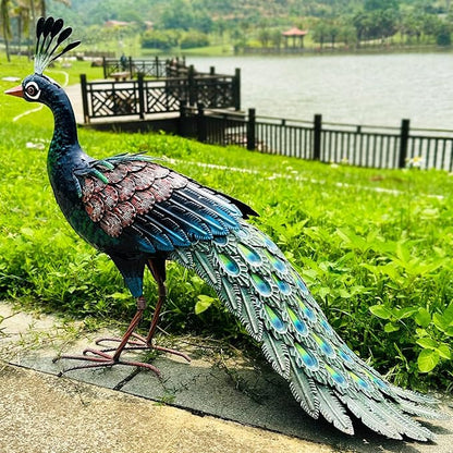 Kircust Metal Peacock Statue for Outdoor Decor - 24" L Elegant Peacock Sculpture for Garden, Patio, Yard, or Home - Weatherproof & Handcrafted Peacock Art