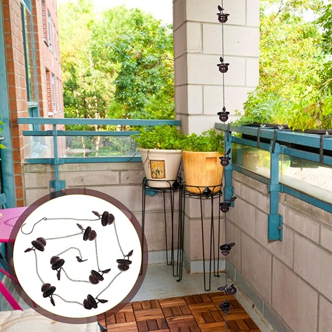 Ciieeo Copper Metal Rain Chain 2.4m for Garden and Courtyard, Decorative Rain Gutter Chain with Bird Cups, Outdoor Roof Rainwater for Patio Drainage
