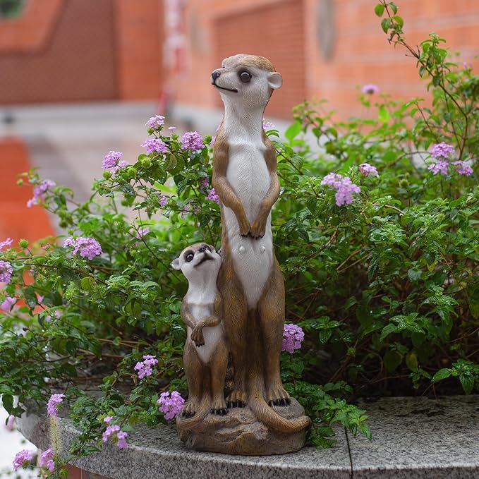 Outdoor Meerkat Sculpture Garden Decoration, Simulated Animal Courtyard Decoration, 17.7 inch Outdoor Decorative Animal Figurine, Parent and Baby Design