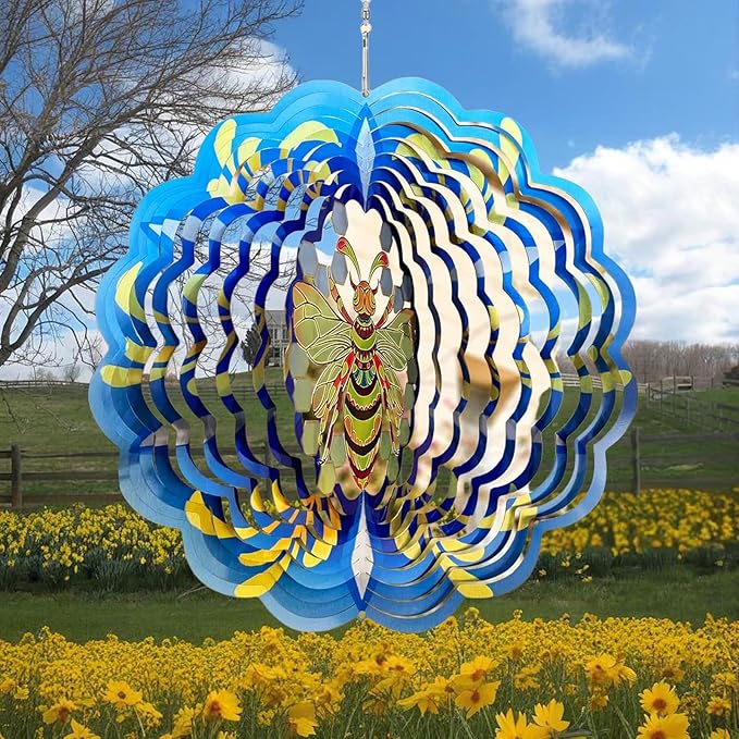 Wind Spinner, 3D Hanging Wind Spinner Ornament, Gifts for Women Mom Grandma, 12inch Metal Wind Kinetic Sculpture for Outdoor&Indoor Decor, Yard Art, Garden Decoration (Bee-Spinner)