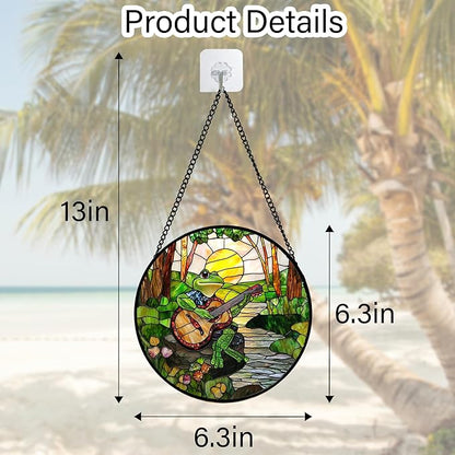 DASTOLL Stained Glass Window Hanging, Frog Playing Guitar Suncatcher Diamond Glass Panel Funny Sun Catchers Decor for Birthday for Women, Men, Wife, Aunt, and Mom 6.3 in