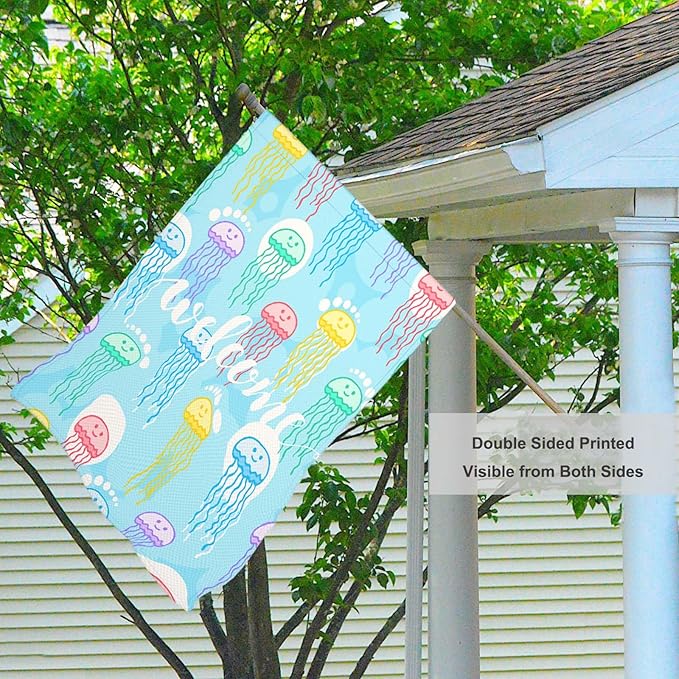 Mugod Jellyfish House Flag 28x40 Inch Double Sided Outside, Welcome Summer Sea Ocean Party Holiday Burlap Yard Garden Outdoor Decoration