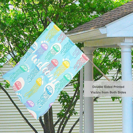 Mugod Jellyfish House Flag 28x40 Inch Double Sided Outside, Welcome Summer Sea Ocean Party Holiday Burlap Yard Garden Outdoor Decoration