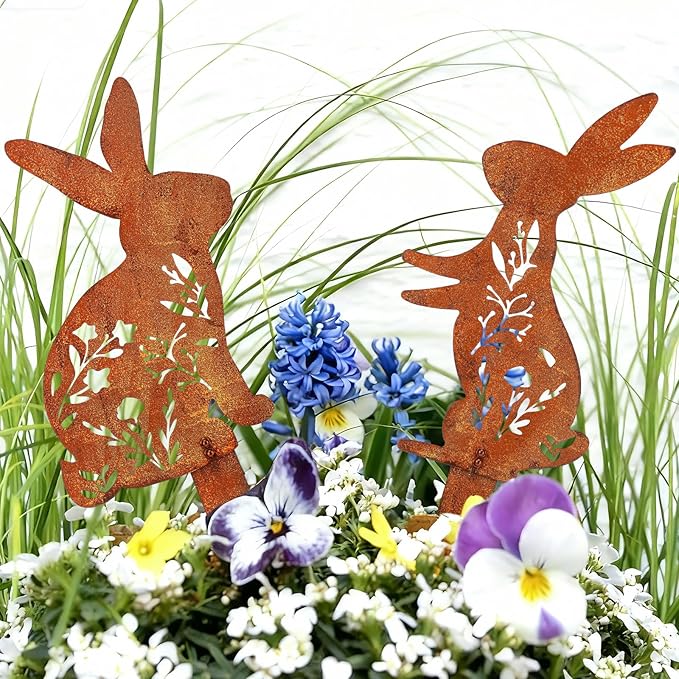 2 Pcs Easter Metal Rabbit Garden Stake Rusty Bunny Garden Decor Rustic Iron Rabbit Silhouette Decoration Art Flower Metal Cutout Sign Floor Standing Sculpture for Yard Decor Holiday Outdoor