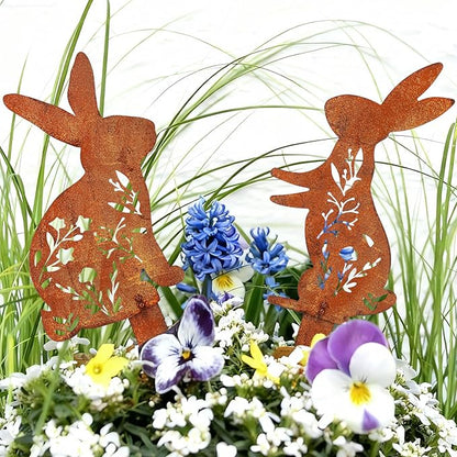 2 Pcs Easter Metal Rabbit Garden Stake Rusty Bunny Garden Decor Rustic Iron Rabbit Silhouette Decoration Art Flower Metal Cutout Sign Floor Standing Sculpture for Yard Decor Holiday Outdoor