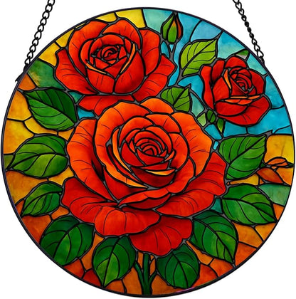 Rose Stained Glass Window Hanging, Rose Suncatcher for Indoor Window, Gift for Women, Wife, Couple (7.8Inch)