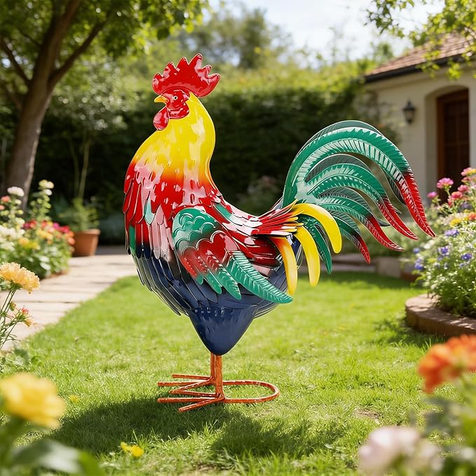 Metal Rooster Garden Statue Outdoor Decor Yard 17" Chicken Statue Garden Decoration, Large Animal Sculpture Chicken Themed Gift for Outdoor Porch Patio Backyard Lawn Ornament
