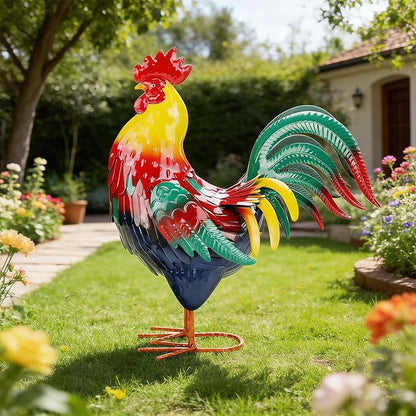 Metal Rooster Garden Statue Outdoor Decor Yard 17" Chicken Statue Garden Decoration, Large Animal Sculpture Chicken Themed Gift for Outdoor Porch Patio Backyard Lawn Ornament