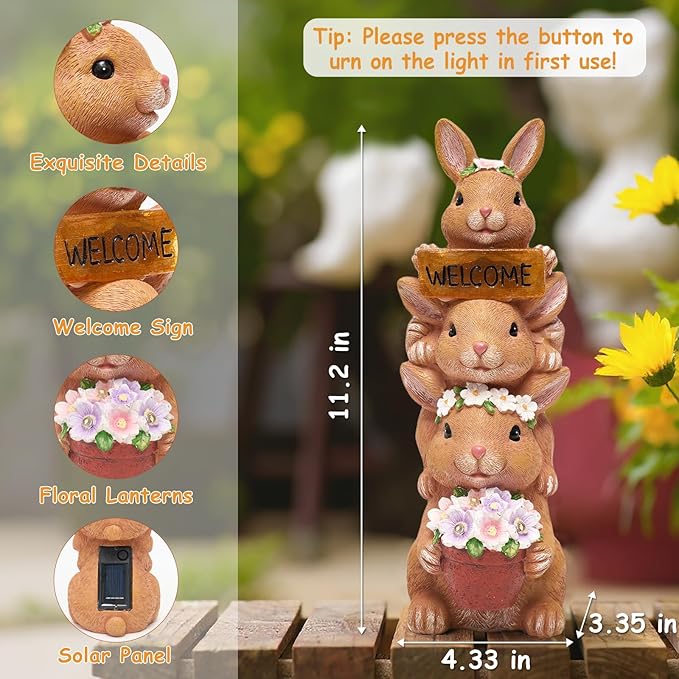 Solar Bunny Statues Outdoor Decor, Garden Sculptures with Welcome Sign Funny Rabbit Figurines for Yard Art Lawn Ornaments Porch Patio Balcony - Birthday Gifts for Women Mom Grandma