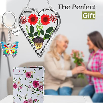 KY&BOSAM Heart Suncatcher for Windows Hangings Grandma Gift Stained Glass Butterfly Suncatcher Pressed Flower Between Heart in Glass Metal Engraved Charm Gift for Women Mother's Day Birthday Christmas