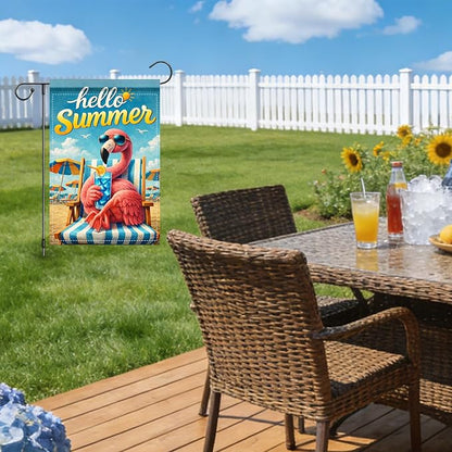 Nuxovilar Summer Garden Flag Hello Summer Flamingo Sunglasses Beach Pattern Polyester 12x18 Inches Garden Flags for Outside Coastal Decor Yard Porch Patio
