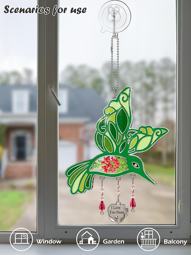 KY&BOSAM I Love You Nana Hummingbird Suncatcher Glass Suncatchers for Windows Hanging Ornament Wind Chime Pressed Drived Flowers and Metal Heart Charm Birthday Gifts for Nana Mothers Day Christmas