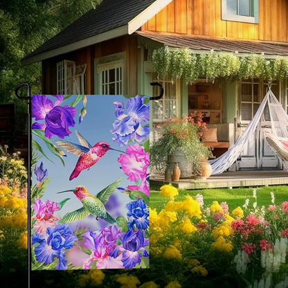 Hummingbirds Garden Flag Double Sided Blue and Red Iris Yard Flag Flowers Floral Birds Leaves Garden Flags Banner for Spring Summer Farmhouse Home Outdoor Decor 12 x 18 Inch