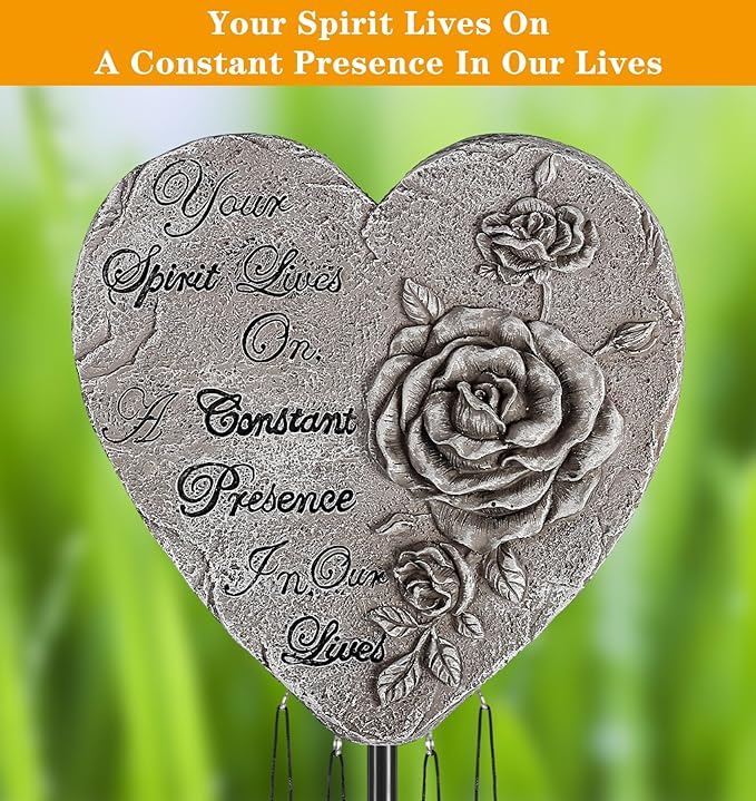 bocola Resin Heart Wind Chime with Rose & Angel Wings Engravings - Memorial Plaques for Garden Cemetery Grave Decoration-Sympathy Gifts for Loss of Loved One