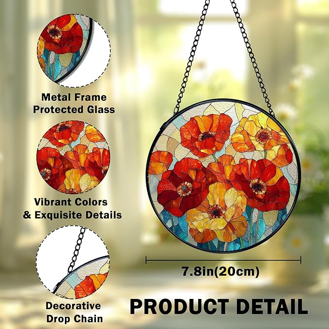 Poppy Flower Suncatcher Stained Glass Window Hanging, Poppy Flower Gifts Sun Catchers Indoor Window Glass Wall Art Decor, Floral Wall Hanging Decor Decorations, 7.9x7.9 Inch 032-MH-BLGH